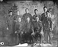 Copy of group photo submitted in 12017/2720; Lim Fook Yin; Nat(ive) Dptg (Departing); X (=) Applicant; (??? hard to read) 2-19-14. Father, Lym Tye; 2- Mother, Chin Shee; 3- Sister, Lym Yong; 4- Sister, Lim Yoke; 5- Bro, Lym F. Ling (? hard to read); 6- Robt F. Lym.; 7- Lym F. Yin; X; Arthur Lym; 8- Lym F. Wing; 9- Lym F. Wah