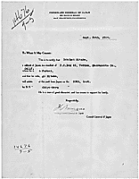 Statement of Consul General certifying US residence address, occupation and character of Japanese American husband of Japanese "Picture Bride" and ship and scheduled date of bride