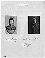 Two (approximately 2 by 3 inch) photographs attached to Department of Labor stationery for identification of Picture Bride and husband