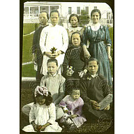 Group portrait of Chinese women and children, as well as one Caucasian woman in the back row<br/>
